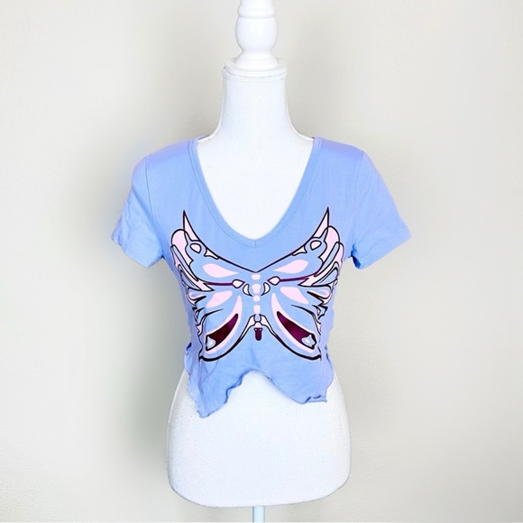 Lavender, Pink & Brown Butterfly Lettuce Hem Asymmetrical Short Sleeve Crop Top - Picture 2 of 8